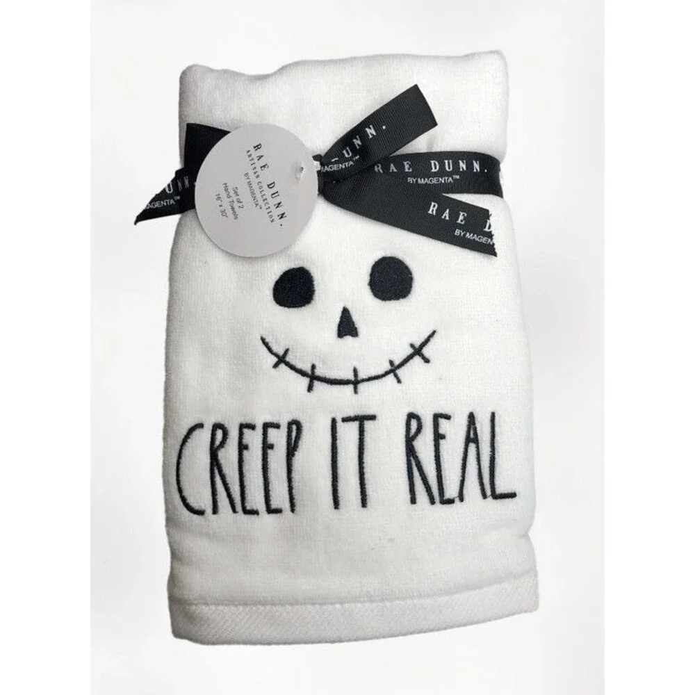 Rae Dunn Halloween Hand Towels Set of 2 Creep It Real Skull Embroidered White